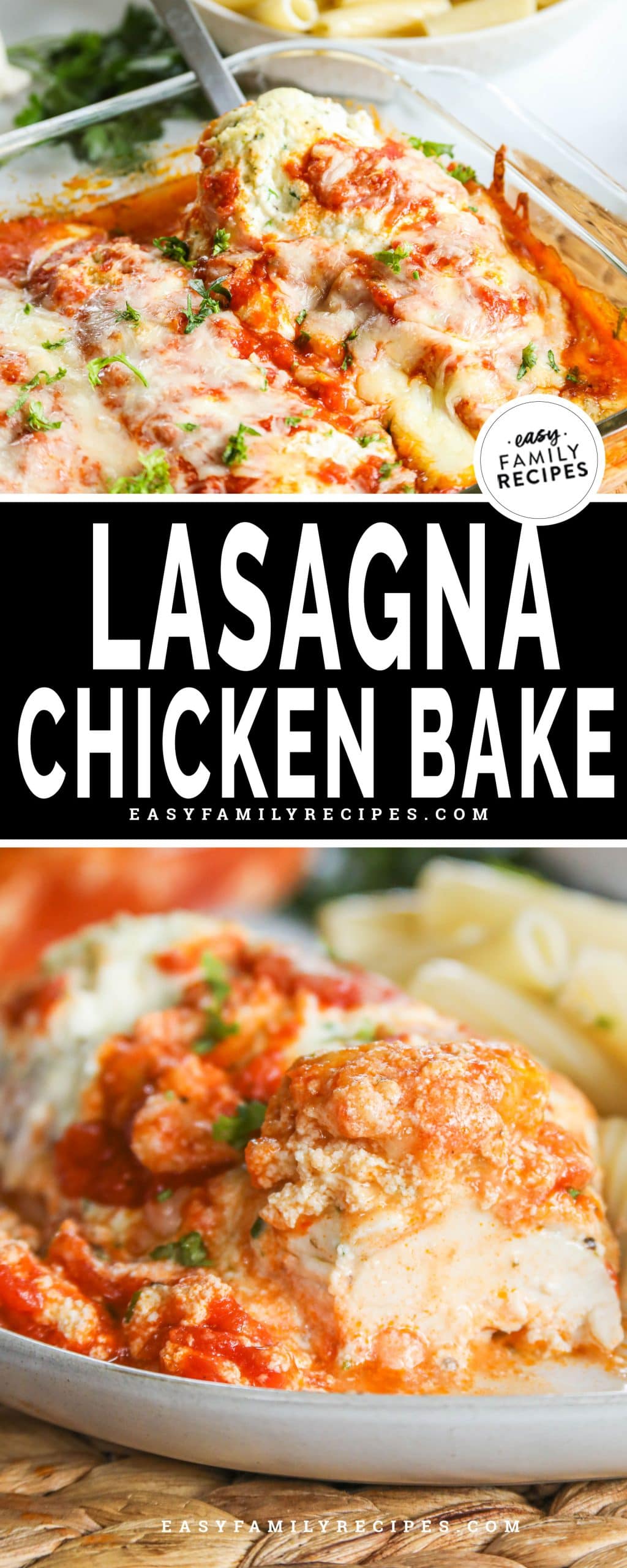 Lasagna Chicken breast served with pasta cut into to show how tender and juicy it is