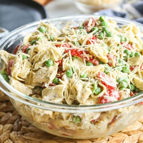 Bow of Tortellini Pasta Salad with Pesto ready to be served