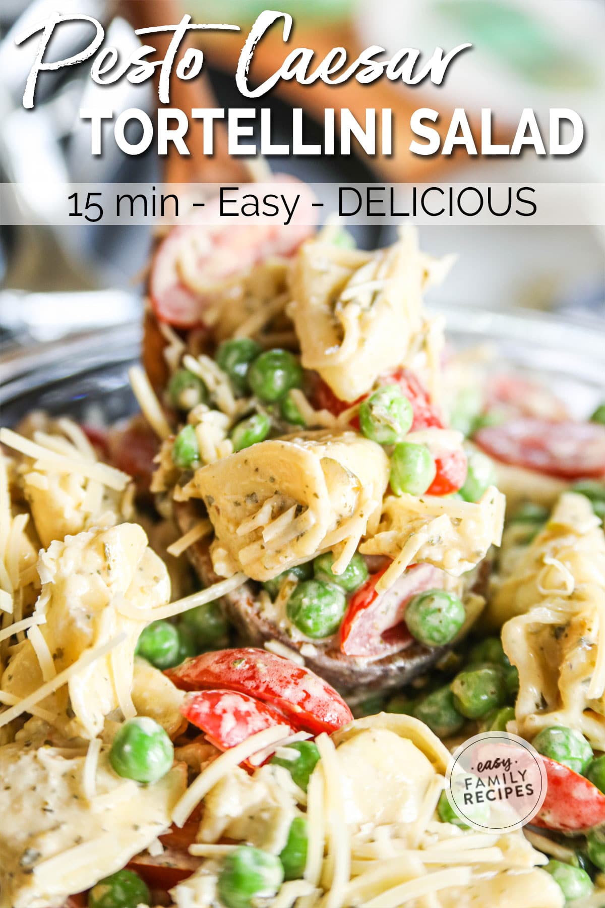 Close up of pesto caesar tortellini pasta salad