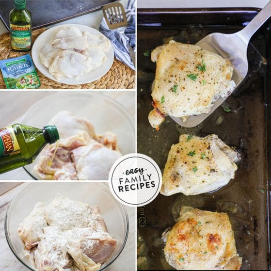 Step by step for making ranch baked chicken thighs. 1. Place bone in chicken thighs in a bowl. 2. Add olive oil. 3. add hidden valley ranch seasoning mix and toss. 4. Arrange on a baking sheet and roast in the oven until crispy and cooked through.