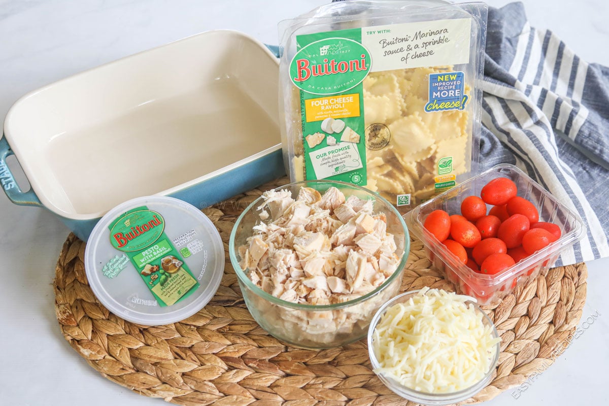 Ingredients for caprese chicken ravioli bake