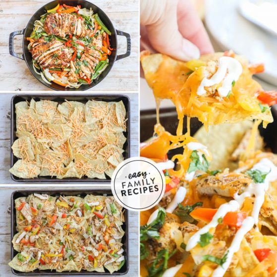 Step by step for making chicken fajita nachos 1.) prepare chicken fajita meat, 2. spread chips on a sheet pan. 3. Layer on cheese, chicken, peppers and onion. 4. Bake and top with pico de gallo, sour cream, and guacamole