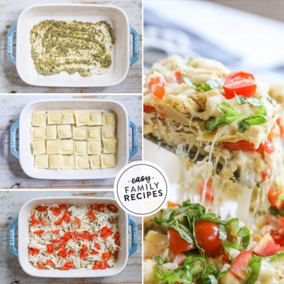 Step by step for making Chicken RAvioli Bake How to make Chicken Ravioli Bake - 1. Spread pesto on the bottom of a baking dish. 2. Layer refrigerated ravioli in the dish. 3. Cover with chicken, pesto, cheese, and tomatoes. repeat. 4. Bake until the casserole is hot throughout
