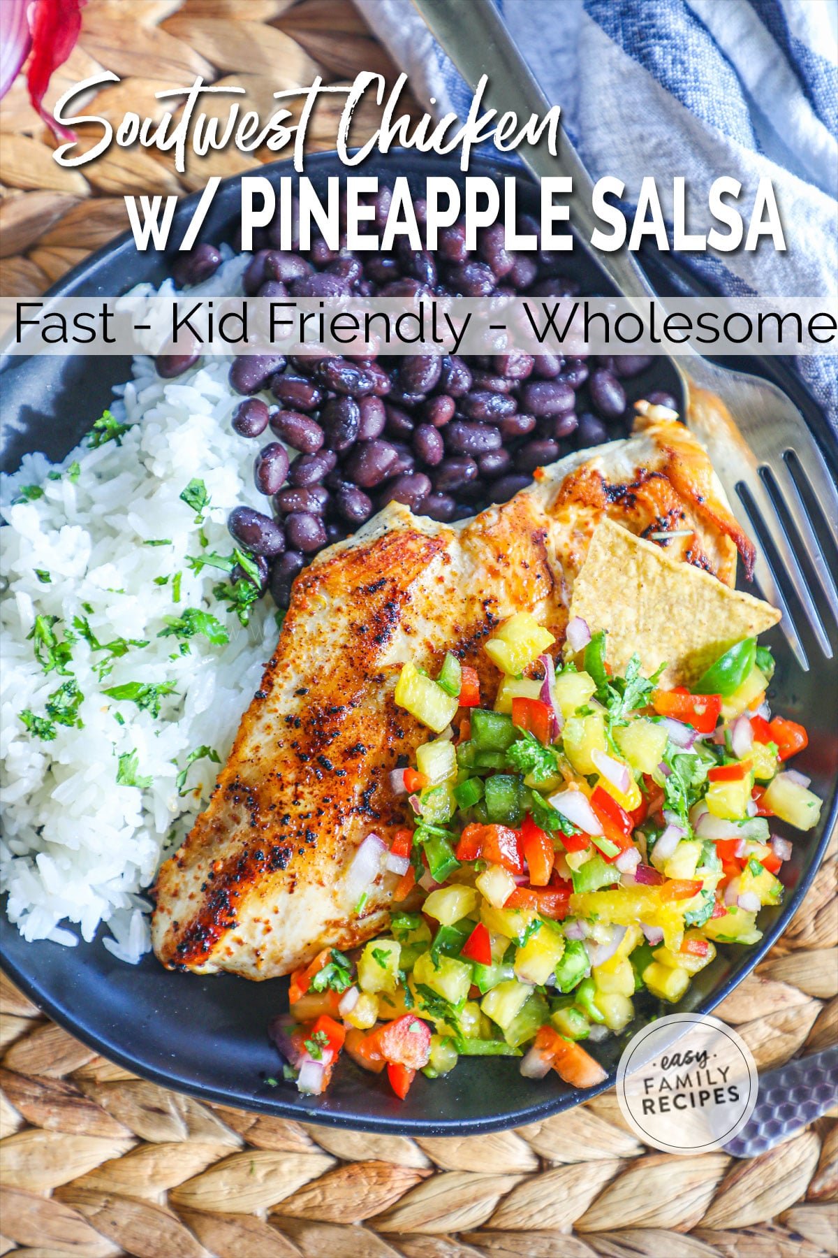 Seasoned Chicken breast with pineapple salsa served with rice and beans
