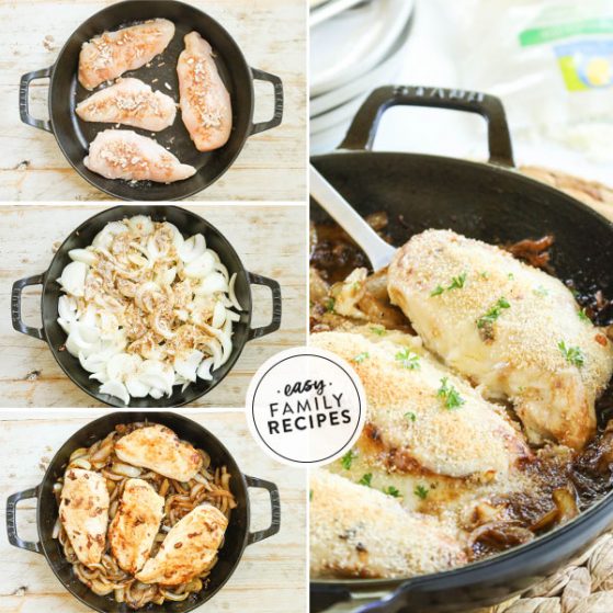 Step by step for making French Onion Chicken Breast Recipe - 1. Season Chicken Breasts and brown in skillet. 2. Slice onions and caramelize. Add chicken back and top with cheese. 4. Top with bread crumbs and bake.