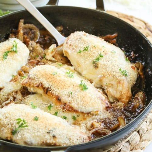 Baked French Onion Chicken made in cast iron skillet