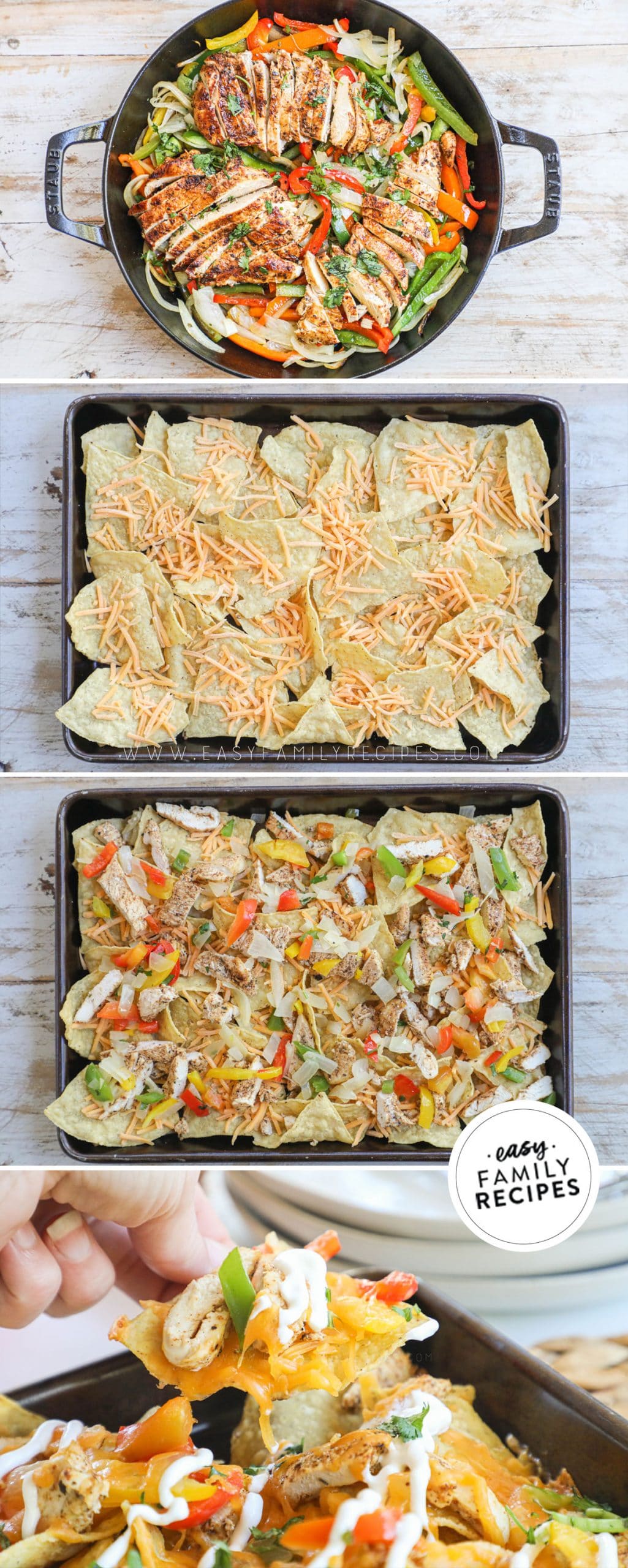 Process photos for how to make chicken fajita nachos 1.) prepare chicken fajita meat, 2. spread chips on a sheet pan. 3. Layer on cheese, chicken, peppers and onion. 4. Bake and top with pico de gallo, sour cream, and guacamole