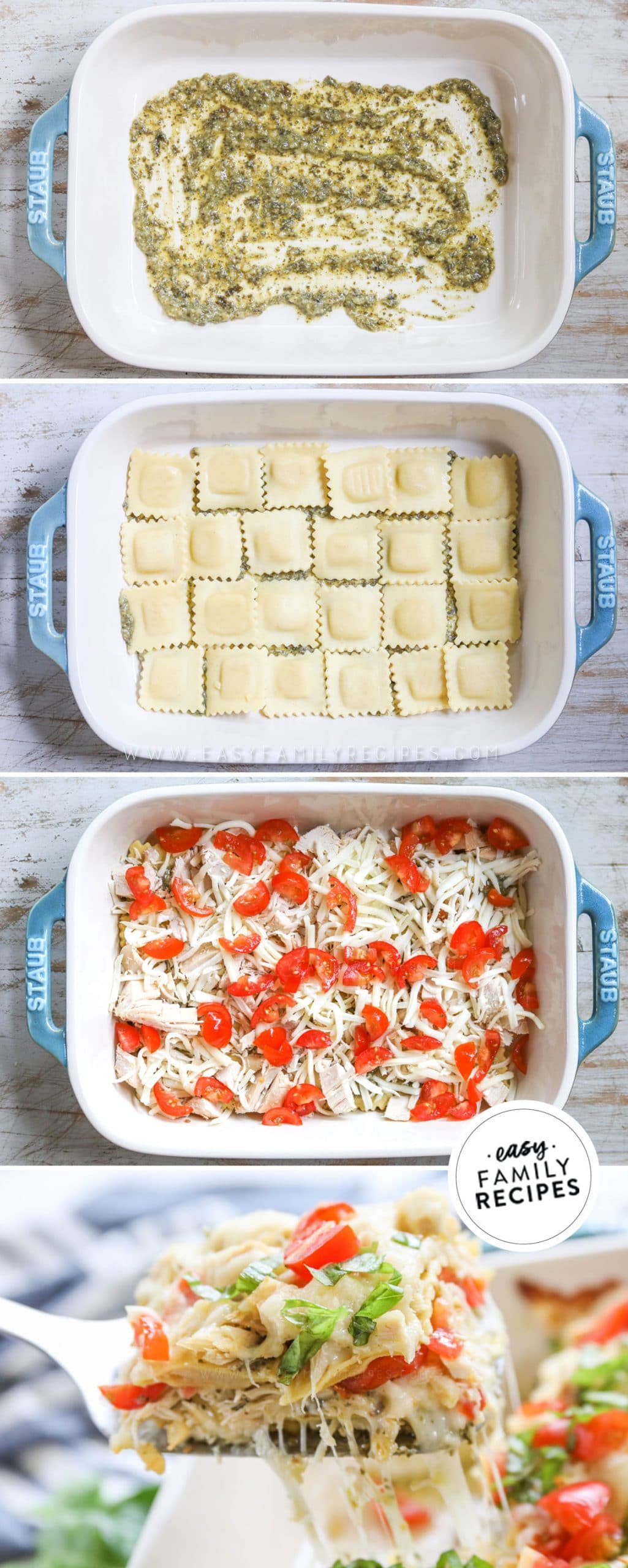 How to make Chicken Ravioli Bake - 1. Spread pesto on the bottom of a baking dish. 2. Layer refrigerated ravioli in the dish. 3. Cover with chicken, pesto, cheese, and tomatoes. repeat. 4. Bake until the casserole is hot throughout