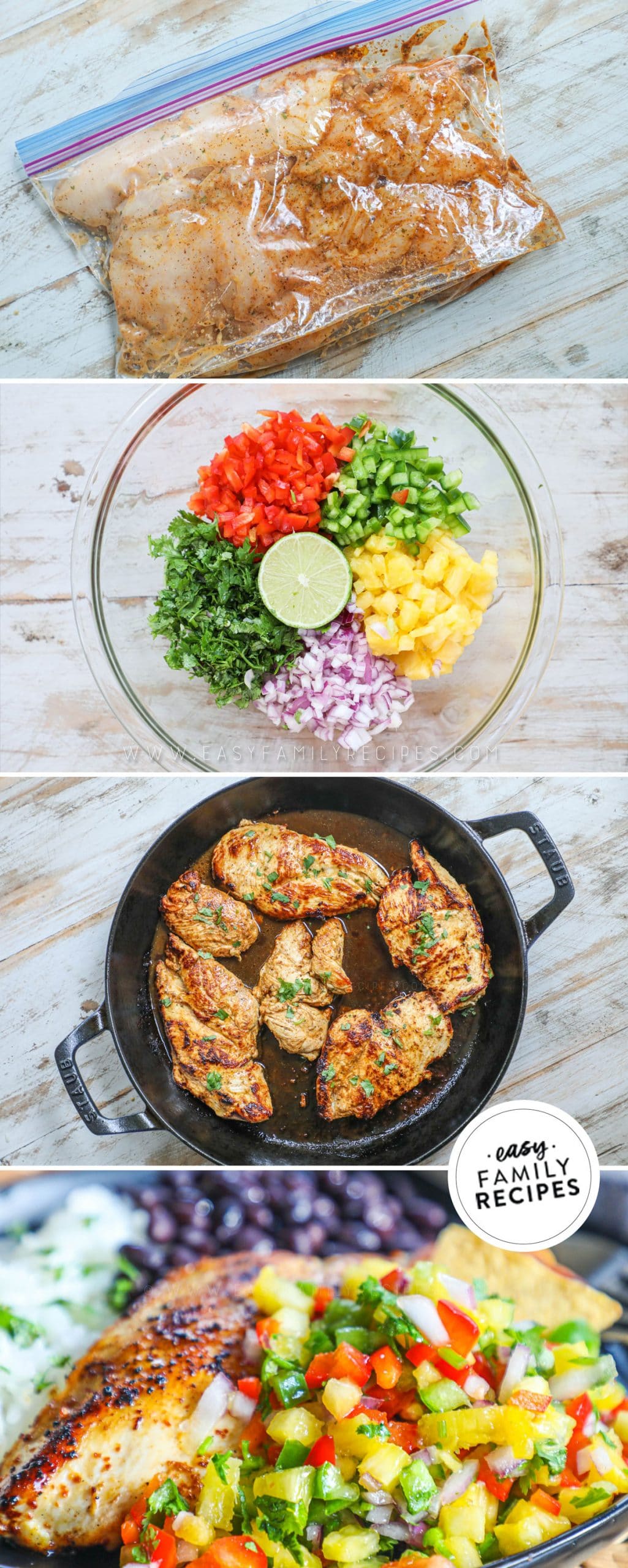 Process photos for How to make pineapple salsa chicken- 1. Marinate the chicken breast. 2. Make pineapple salsa. 3. Cook chicken breast in skillet. 4. Serve chicken with a scoop of pineapple salsa on top.
