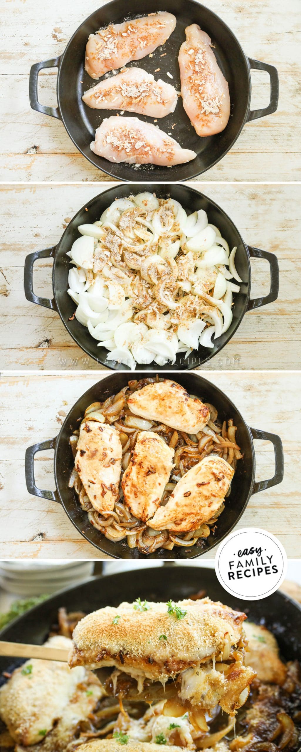 Process photos for how to make French Onion Chicken- 1. Season Chicken Breasts and brown in skillet. 2. Slice onions and caramelize. Add chicken back and top with cheese. 4. Top with bread crumbs and bake.