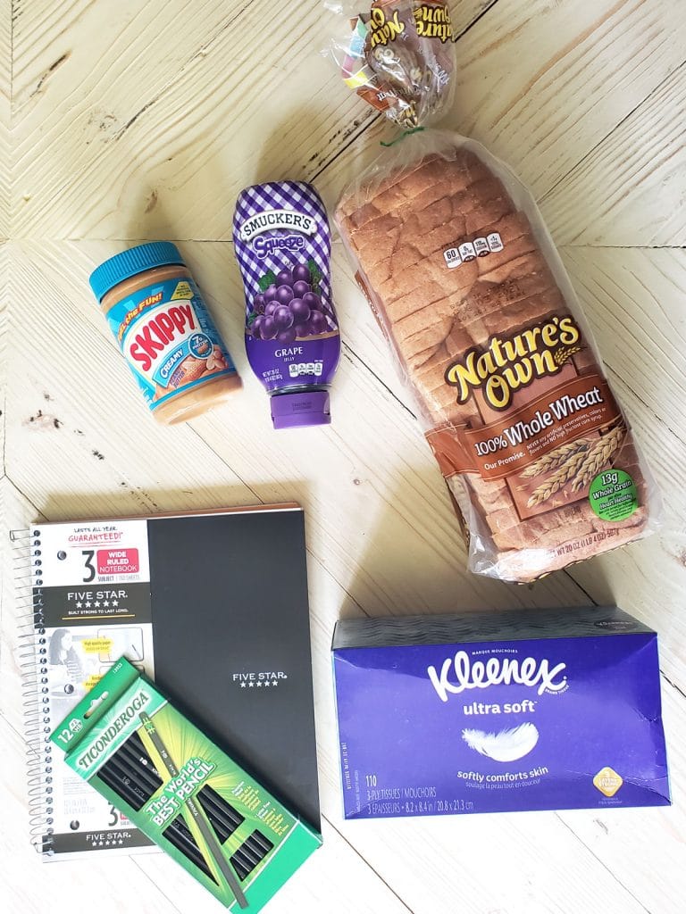 School Supply Bundle including notebook, pencils, bread, peanut butter, Jelly