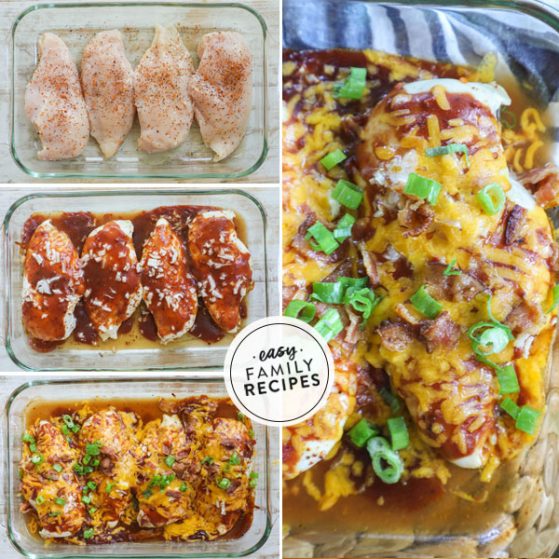Step by step for making Mesquite chicken bake recipe - 1. Season chicken breast with mesquite seasoning and lay in a casserole dish. 2. Smother with mesquite BBQ sauce and red onion. 3. Top with cheese and crumbled bacon. 4. Garnish with green onion.