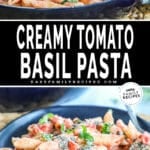 Tomato Basil Pasta recipe prepared in a skillet and then served on a plate.