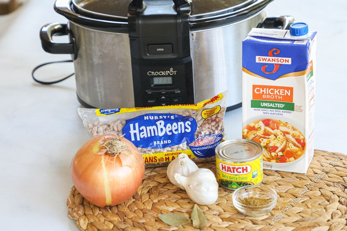 Ingredients for Crockpot Refried beans including pino beans, onion, green chiles, garlic, spices, chicken broth
