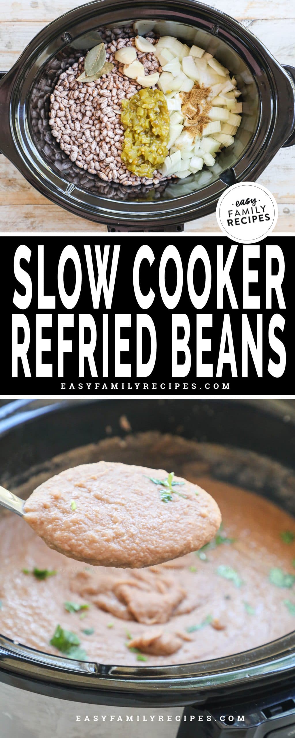 Slow cooker refried beans shown in crock pot before cooking and bottom in crockpot after cooking