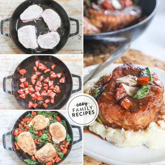 Step by step for making Tuscan Pork Chops 1. Dredge Pork Chops in flour and pan fry. 2. Add tomatoes and balsamic vinegar to skillet and cook down. 3. add back in pork chops and spinach to finish cooking. 4. Serve garnished with parmesan cheese.