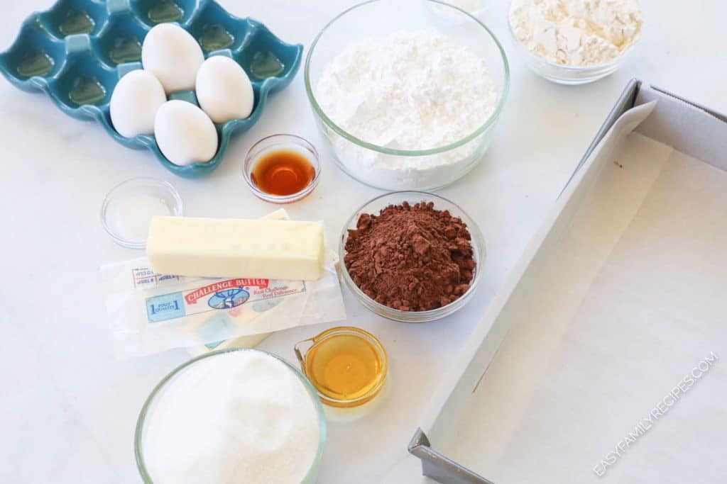 Ingredients for making Fudge Brownies from scratch including butter, sugar, cocoa powder, flour, eggs, vanilla, baking powder