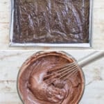 Step by step for making fudge brownies from scratch: 1. Mix up brownie batter. 2. Spread in pan and bake. 3. Mix frosting. 4. Spread frosting on brownies, cut and serve.