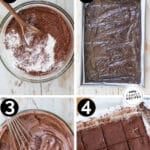 Step by step for making fudge brownies from scratch: 1. Mix up brownie batter. 2. Spread in pan and bake. 3. Mix frosting. 4. Spread frosting on brownies, cut and serve.