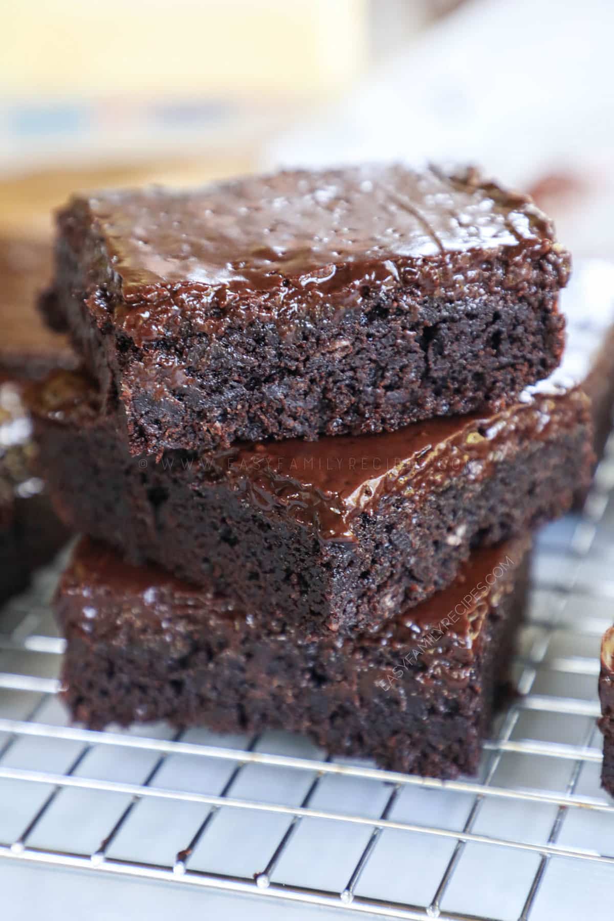 Sliced fudgy brownies stacked
