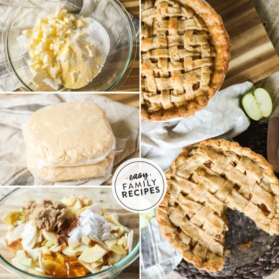 step by step for making homemade apple pie- 1. make cornmeal crust. 2. Form pie crust into discs and chill. 3. Combine fresh apples with sugar and spices. 4. Assemble and bake pies