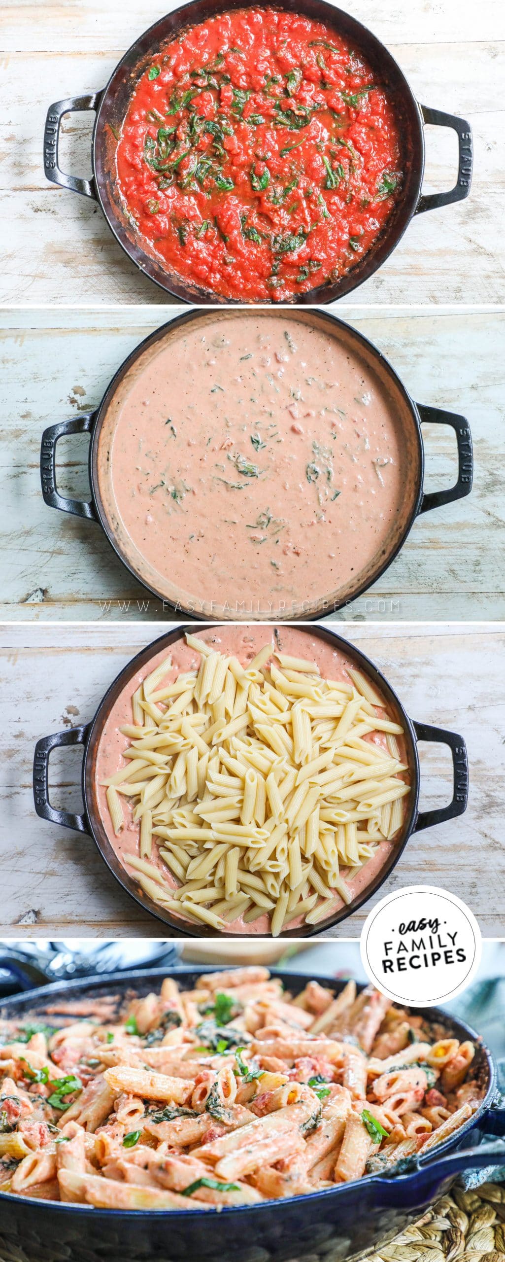 Process photos for how to make Creamy Tomato Basil Pasta- 1. Combine tomatoes with spices and basil. 2. Add cream and combine. 3. Mix in cooked pasta. 4. Garnish with fresh basil.