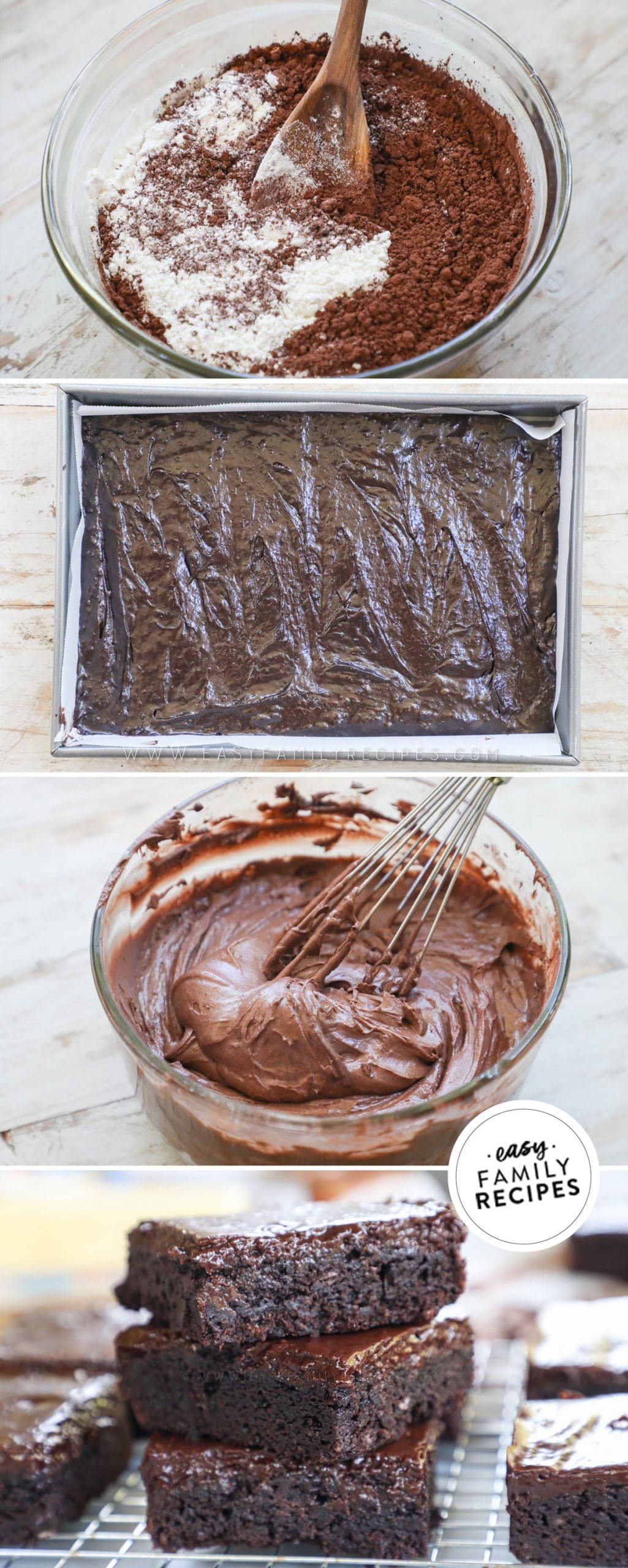 Process photos for How to make fudge brownies from scratch: 1. Mix up brownie batter. 2. Spread in pan and bake. 3. Mix frosting. 4. Spread frosting on brownies, cut and serve.