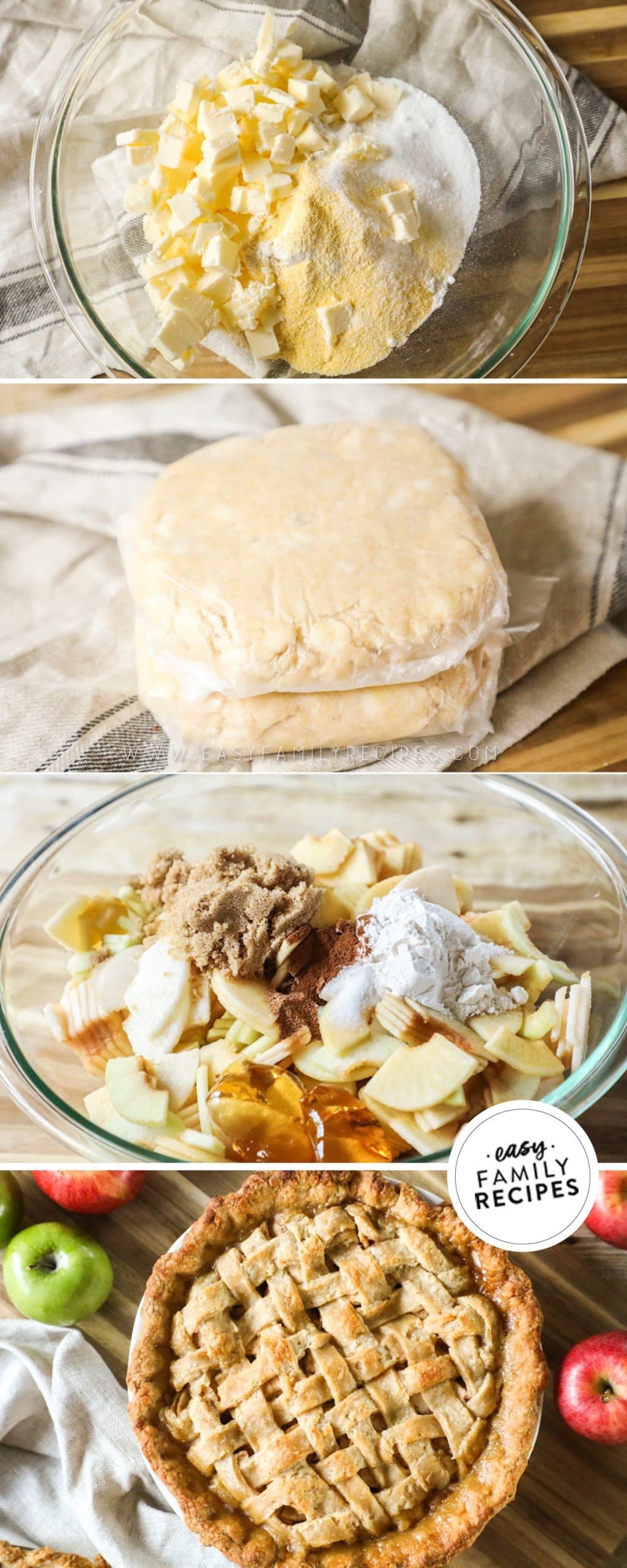 Steps for making apple pie from scratch. 1. Prepare cornmeal crust. 2. Refrigerate pie crust to set it. 3. Prepare apple pie filling. 4. Roll out crusts and prepare pie then bake.