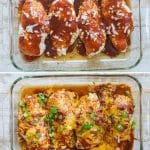 Process photos for how to make Mesquite chicken bake recipe - 1. Season chicken breast with mesquite seasoning and lay in a casserole dish. 2. Smother with mesquite BBQ sauce and red onion. 3. Top with cheese and crumbled bacon. 4. Garnish with green onion.