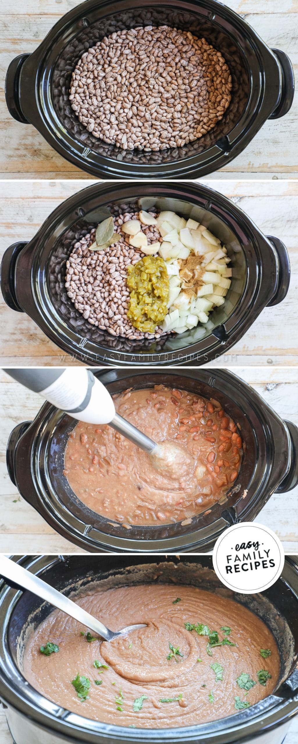 Process photos for How to make refried beans in a crockpot 1. combine pinto benas, onion, chiles, spices and broth in crock pot. 2. cook on low. 3. use immersion blender to puree beans. 4. serve with your favorite dinner