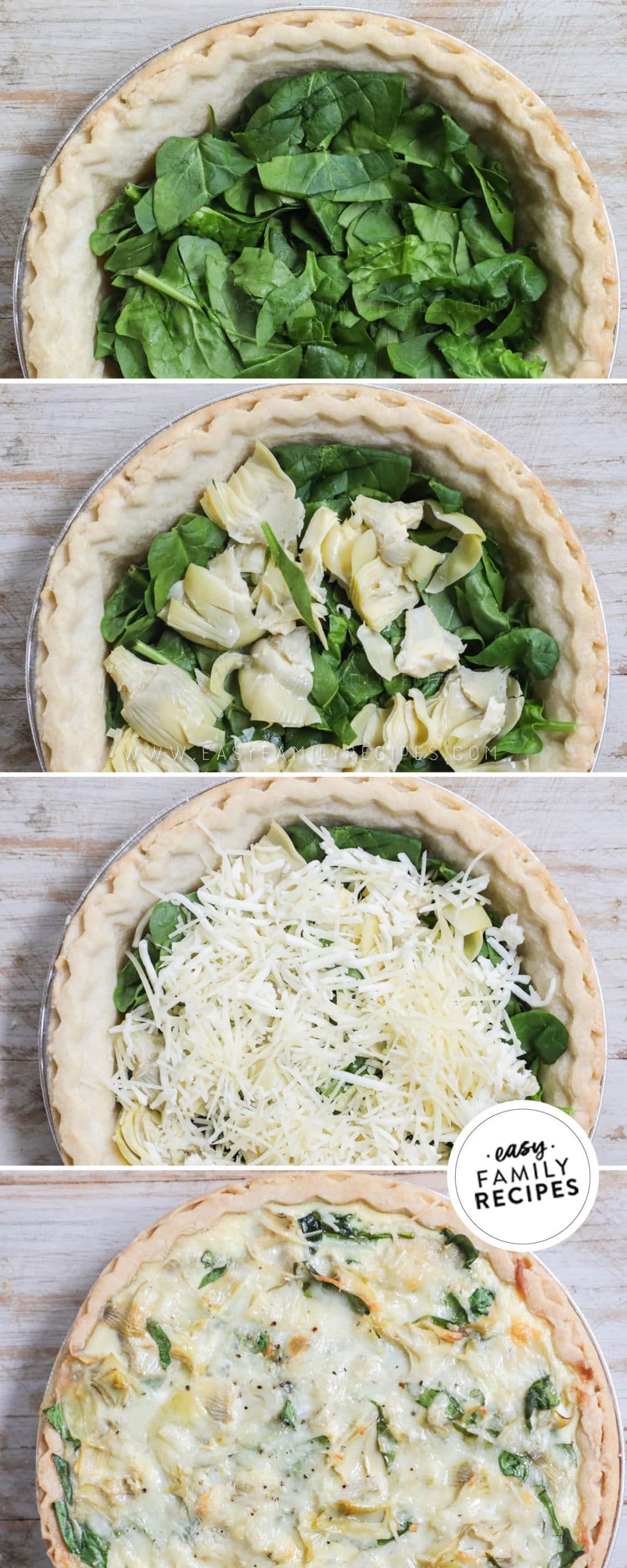 Process photos for How to Make Spinach Artichoke Quiche 1. Par-bake pie crust and add fresh spinach. 2. add artichokes and cheese. 3. Pour egg mixture over top. 4. Bake until the middle is just set.