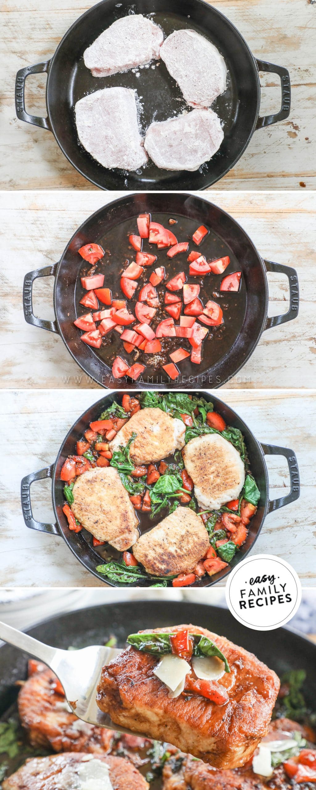 Process photos for How to make Tuscan Pork Chops 1. Dredge Pork Chops in flour and pan fry. 2. Add tomatoes and balsamic vinegar to skillet and cook down. 3. add back in pork chops and spinach to finish cooking. 4. Serve garnished with parmesan cheese.