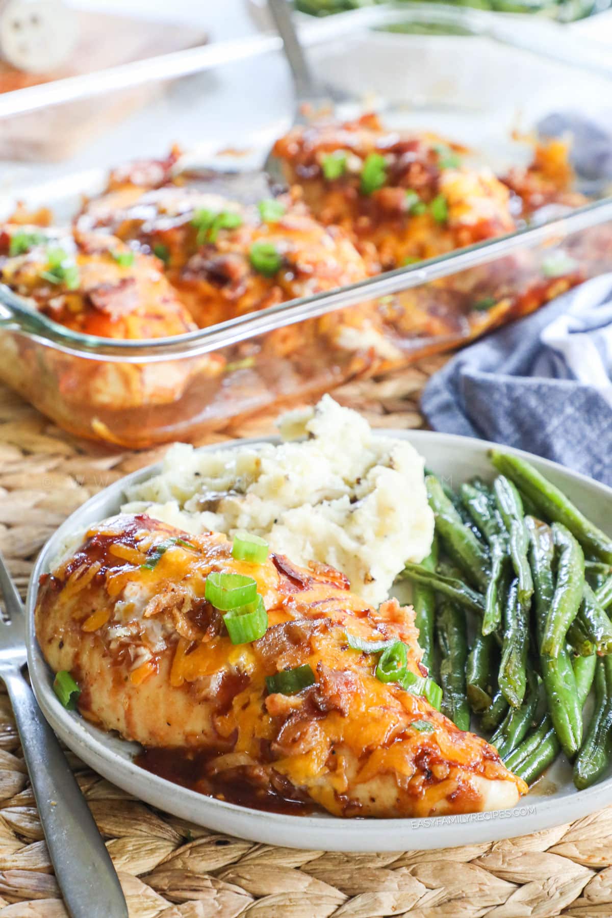Mesquite Chicken served with green beans and mashed potatoes