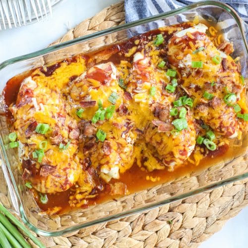 Overhead view of Mesquite chicken in baking dish