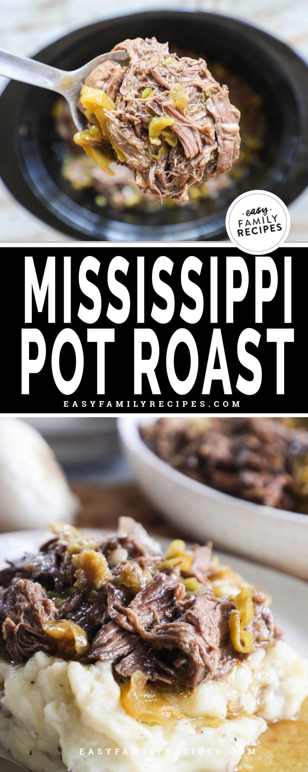 Lifting a spoonful of Mississippi Pot Roast from Slow Cooker
