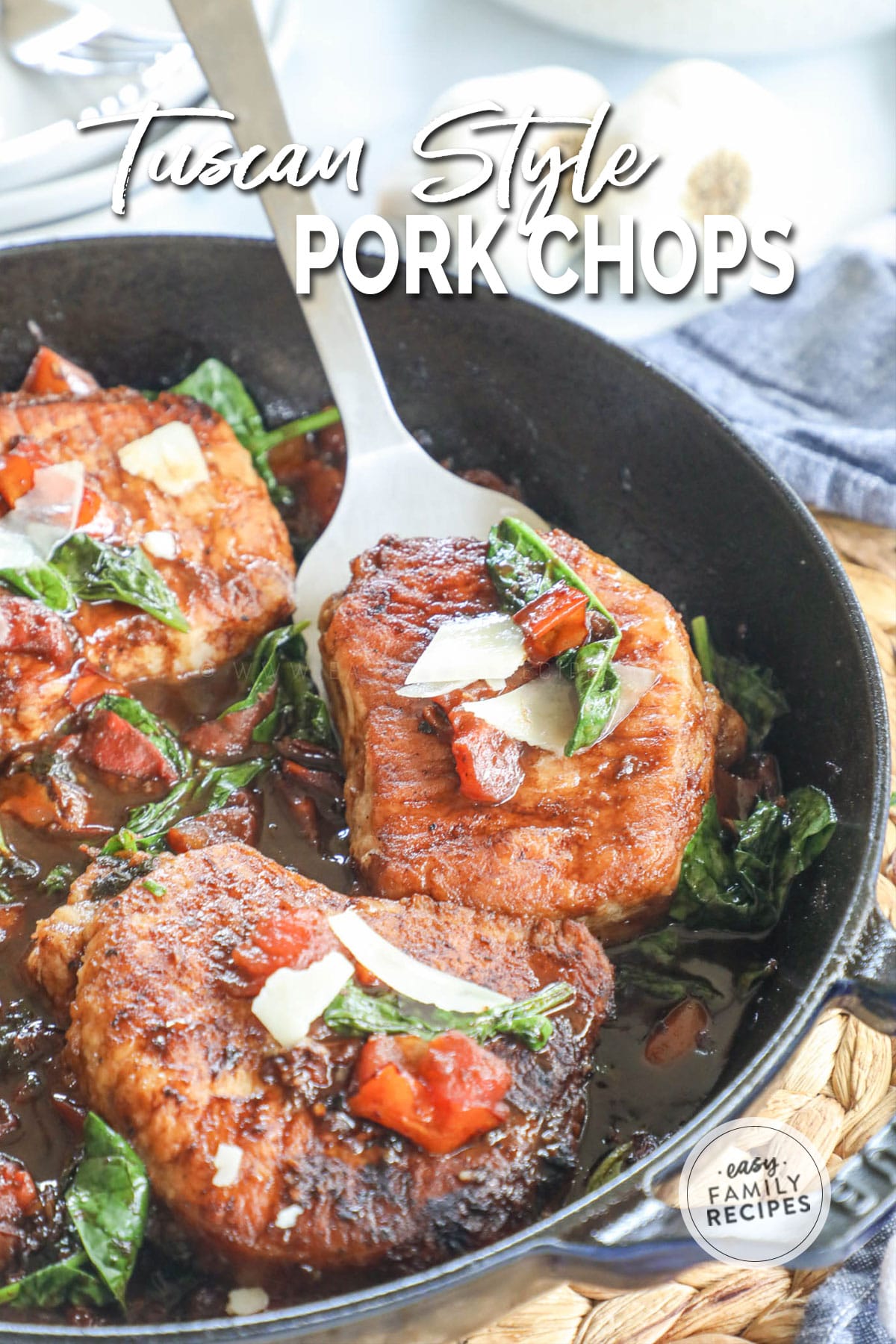 Lifting a boneless tuscan pork chop from skillet to serve as an easy dinner