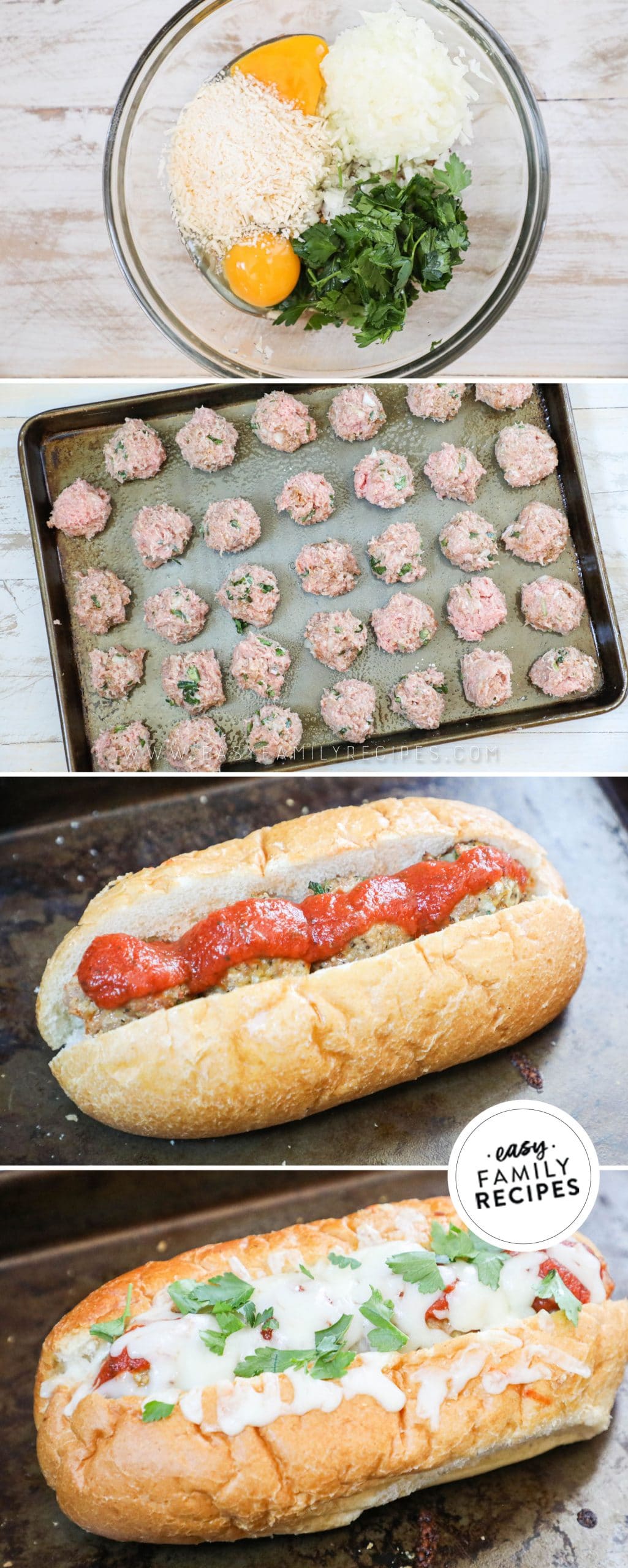 Process Photos for How to Make Italian Turkey Meatball Subs- 1. Mix up turkey Meatballs. 2. Bake Meatballs 3. Assemble meatball subs. 4. Bake turkey Meatball subs with cheese and marinara