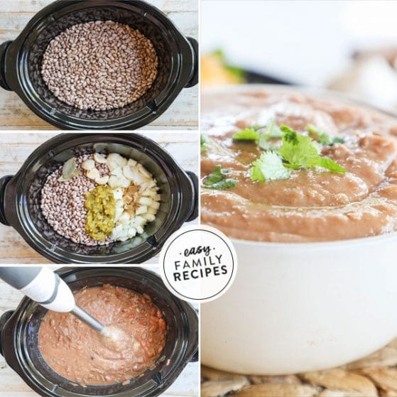 Step by step for making refried beans in a crockpot 1. combine pinto benas, onion, chiles, spices and broth in crock pot. 2. cook on low. 3. use immersion blender to puree beans. 4. serve with your favorite dinner
