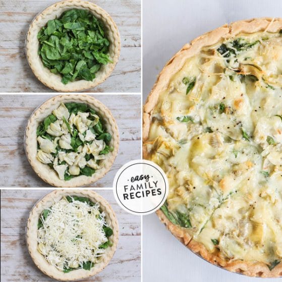 Step by step for making Spinach Artichoke Quiche recipe - 1. Par-bake pie crust and add fresh spinach. 2. add artichokes and cheese. 3. Pour egg mixture over top. 4. Bake until the middle is just set.