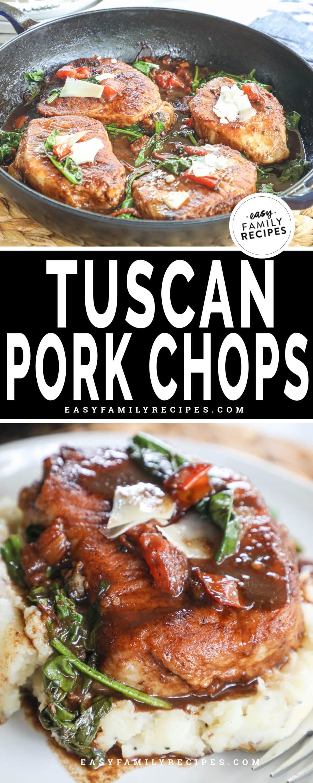 Tuscan Pork Chops cooked in a skillet with balsamic tomatoes and spinach