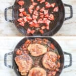 Process photos for how to make Tuscan Pork Chops.