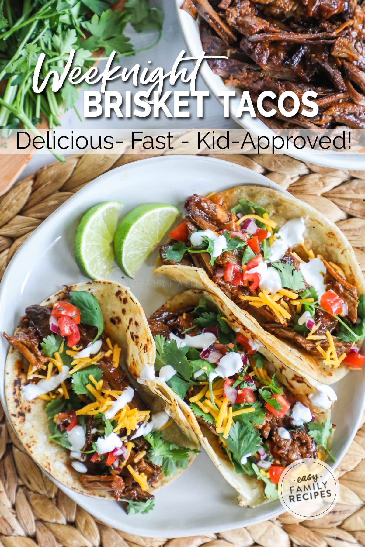 Bowl of leftover brisket next to a plate of three bbq brisket tacos topped with sour cream, cheese and cilantro