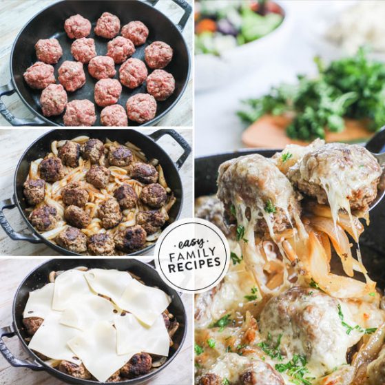 Step by step for making French Onion Meatballs 1. Combine ingredients for meatballs. 2. Cook beef meatballs in a skillet. 3. Sautee onions add meatballs and cheese. 4. Garnish with fresh parsley.