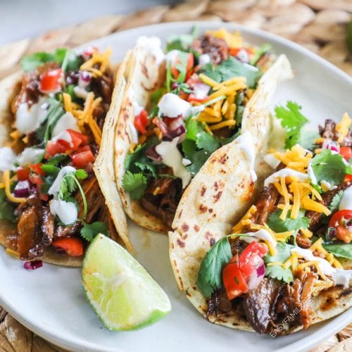 3 Leftover Brisket tacos on a plate ready to eat for dinner