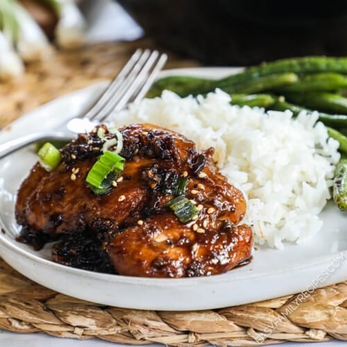 Honey garlic Chicken served with rice and green beans.