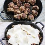 How to make French Onion Meatballs- 1. Combine ingredients for meatballs. 2. Cook beef meatballs in a skillet. 3. Sautee onions add meatballs and cheese. 4. Garnish with fresh parsley.
