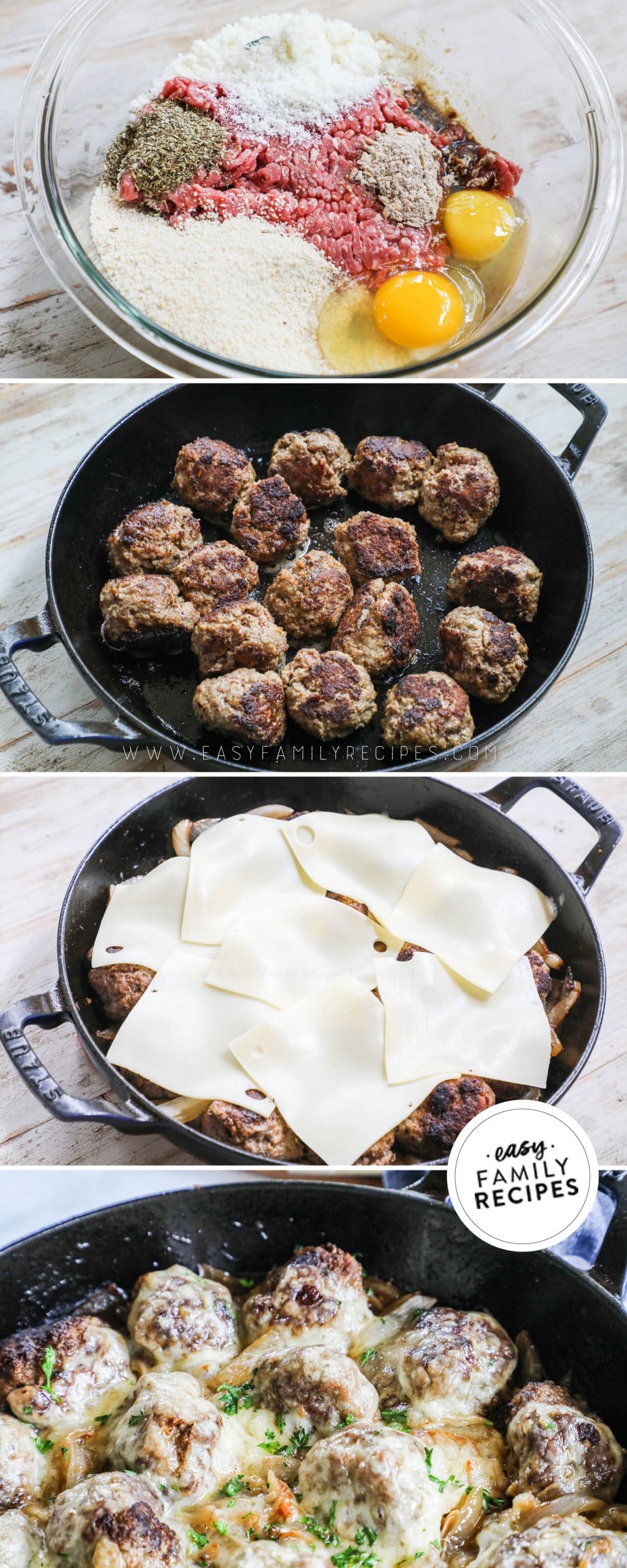 How to make French Onion Meatballs- 1. Combine ingredients for meatballs. 2. Cook beef meatballs in a skillet. 3. Sautee onions add meatballs and cheese. 4. Garnish with fresh parsley.