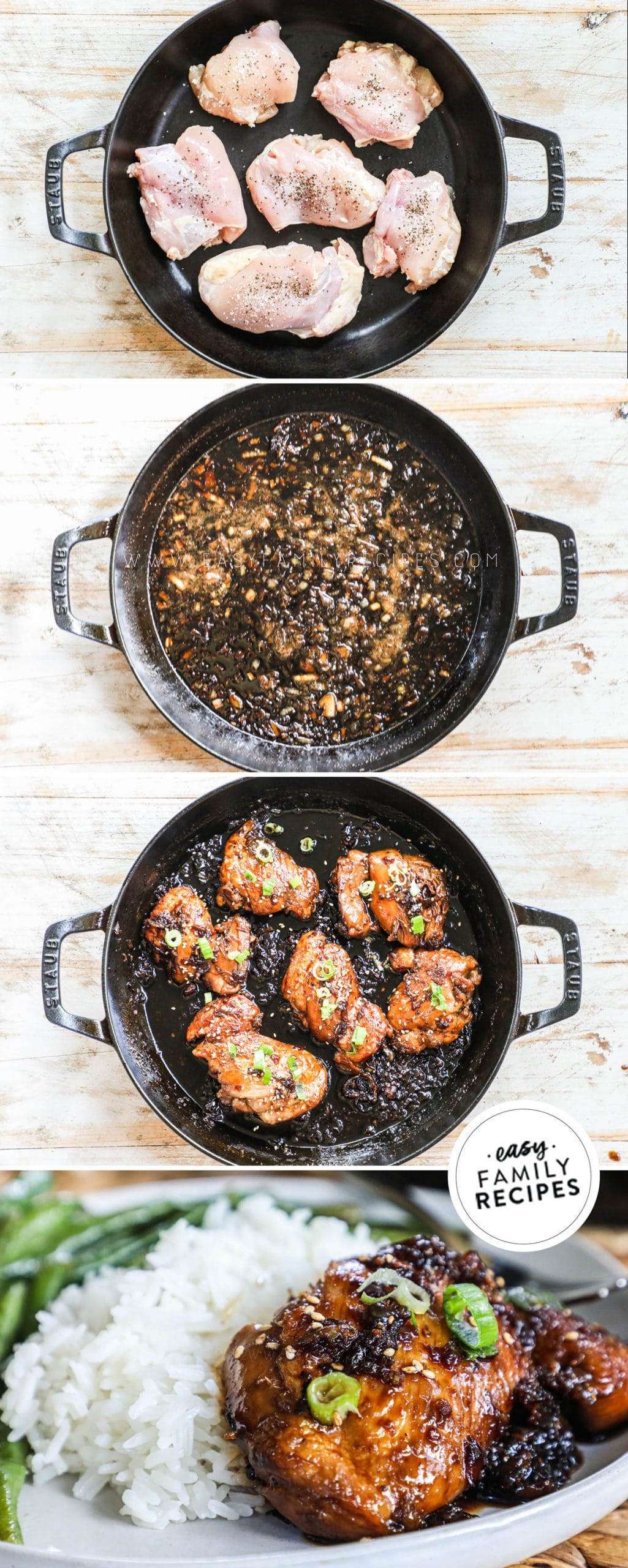 How to make Asian Honey Garlic Chicken Thighs 1. Sear chicken thighs. 2. Saute garlic and onion. 3. Simmer chicken thighs in honey garlic sauce. 4. Serve Honey Garlic Chicken over rice