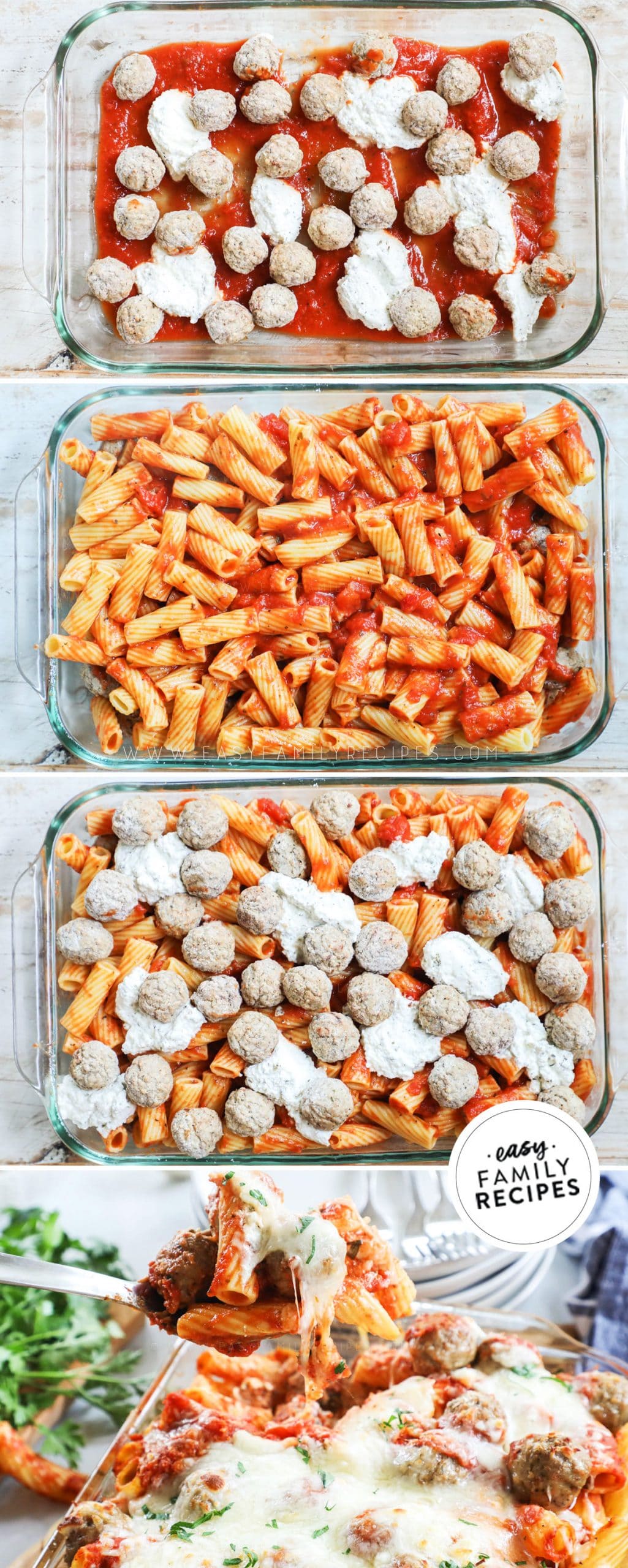 Process photos for how to make Meatball Pasta Bake Casserole1. Add sauce, meatballs, and cheese to casserole dish. 2. Mix pasta with sauce and add to casserole. 3. Top with more sauce, meatballs and cheese. 4. Bake until hot throughout.