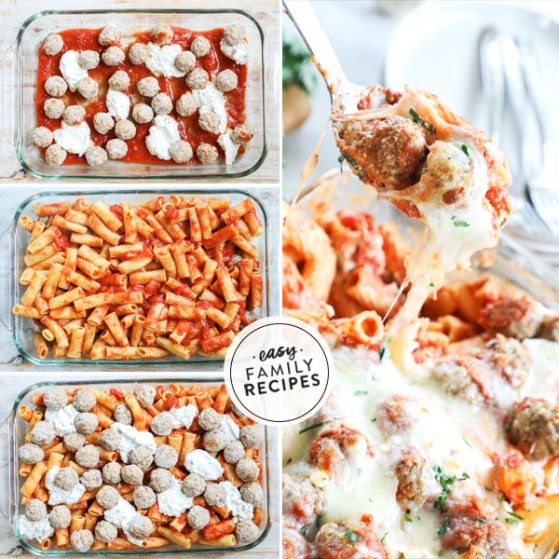 Step by Step for making Meatball Pasta Bake 1. Add sauce, meatballs, and cheese to casserole dish. 2. Mix pasta with sauce and add to casserole. 3. Top with more sauce, meatballs and cheese. 4. Bake until hot throughout.
